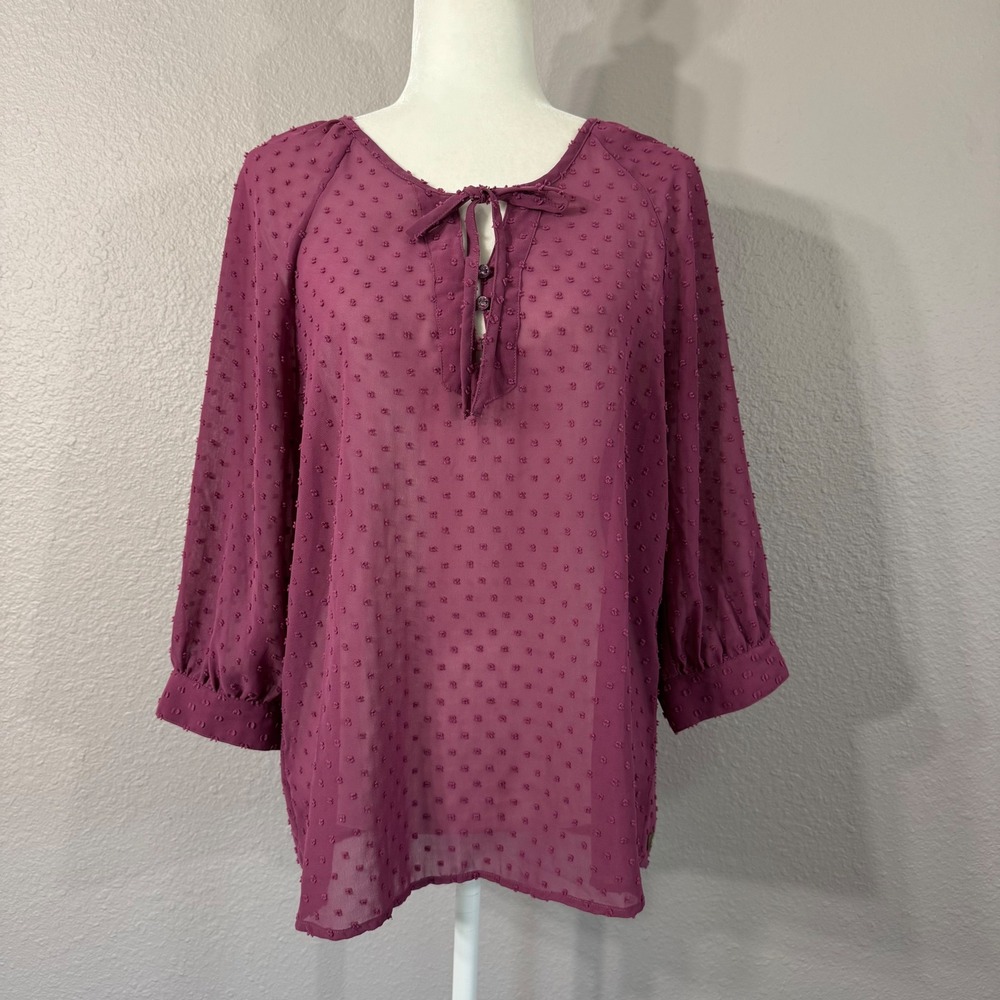 Matilda Jane Women's Size S Purple Swiss Dot Tie Neck 3/4 Sleeve Blouse